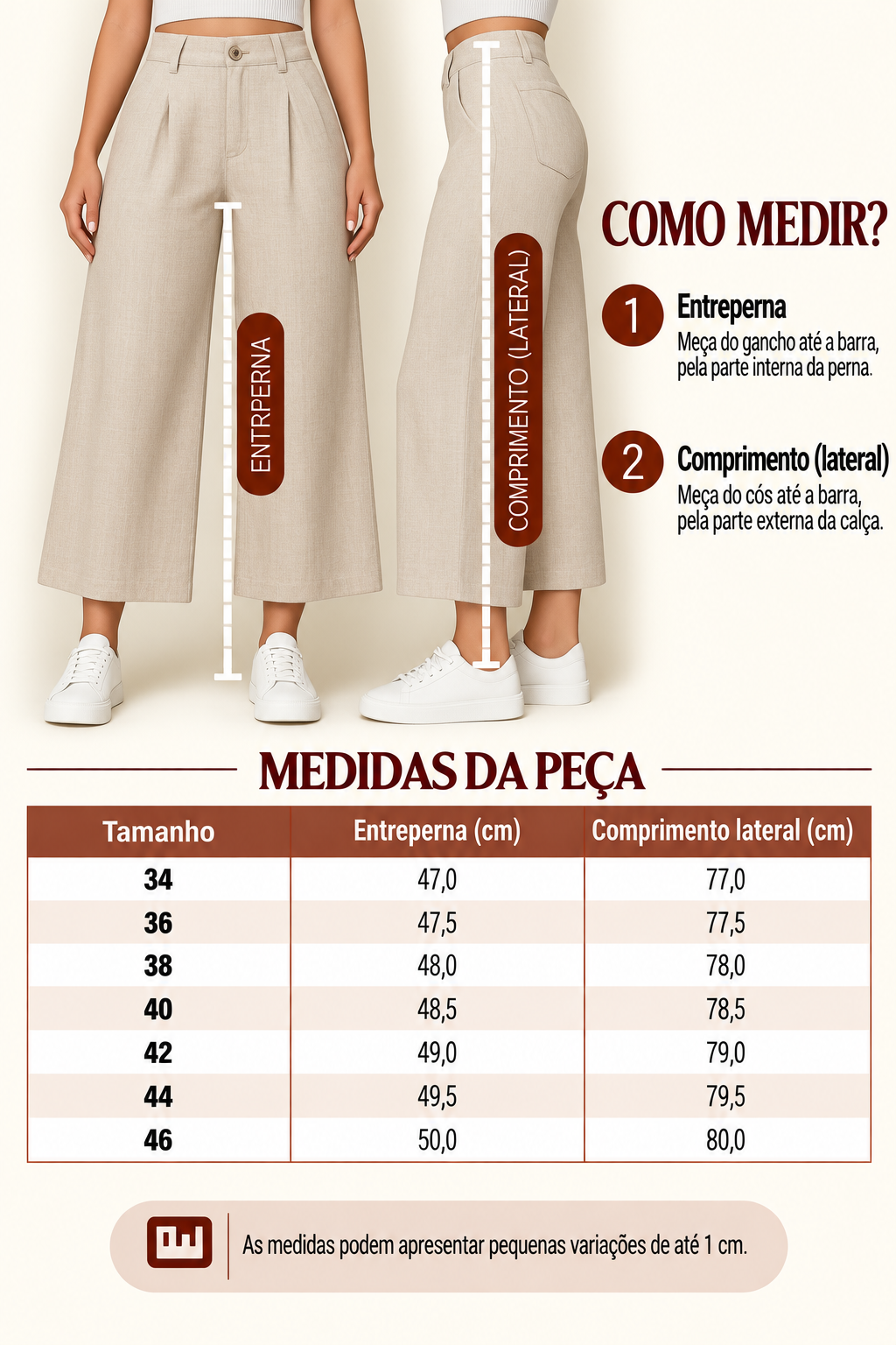 Guia de medidas da calça pantacourt de linho, com o comprimento por tamanho