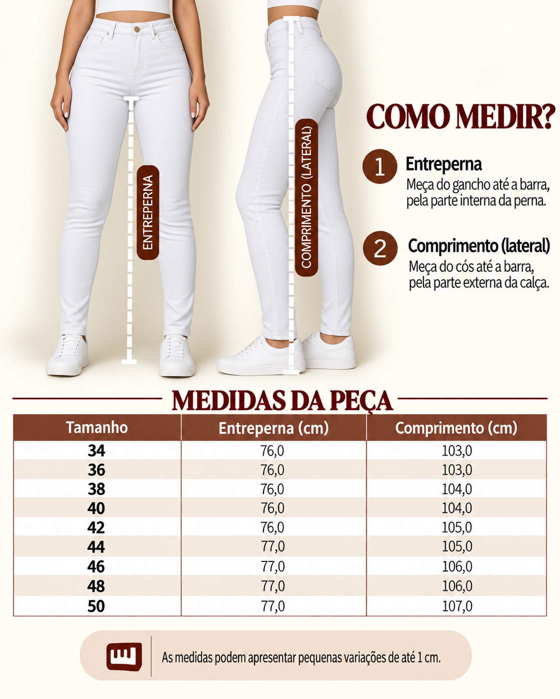 Guia de medidas da cal&ccedil;a skinny branca, com o comprimento por tamanho