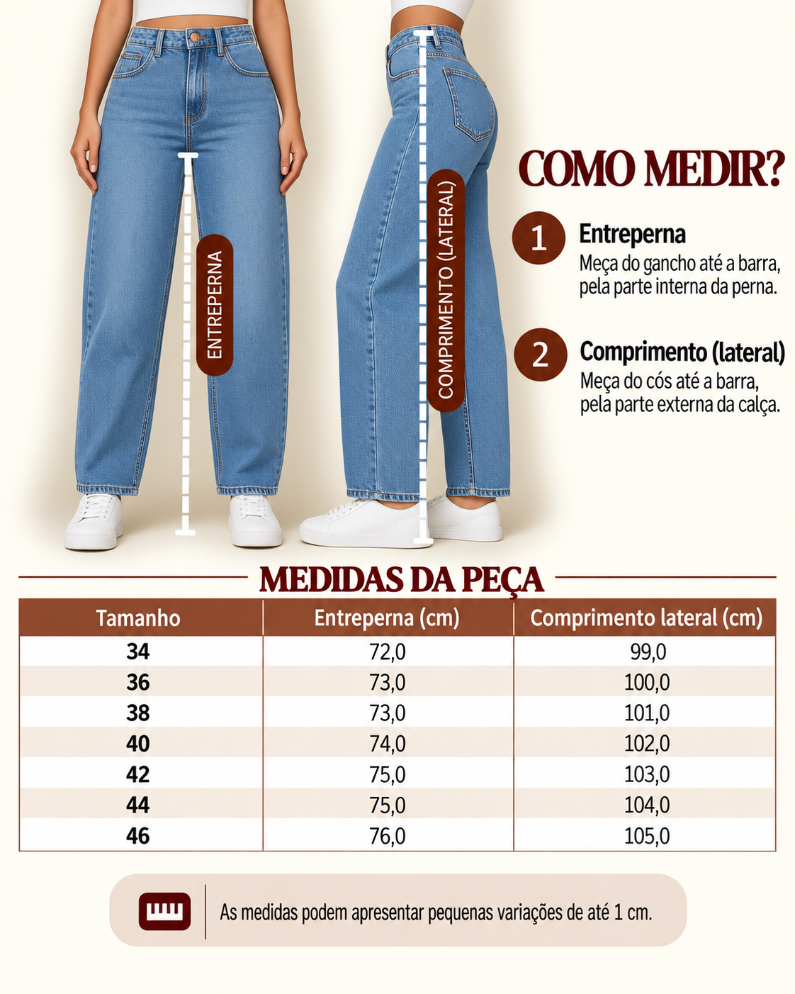 Guia de medidas da calça mom jeans, com o comprimento por tamanho
