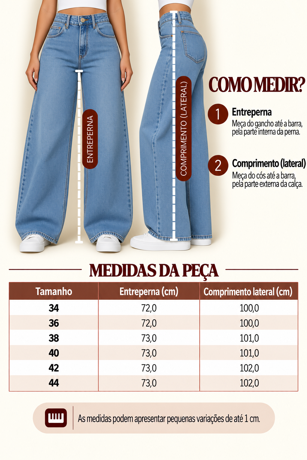 Guia de medidas da cal&ccedil;a jeans barrel, com o comprimento por tamanho