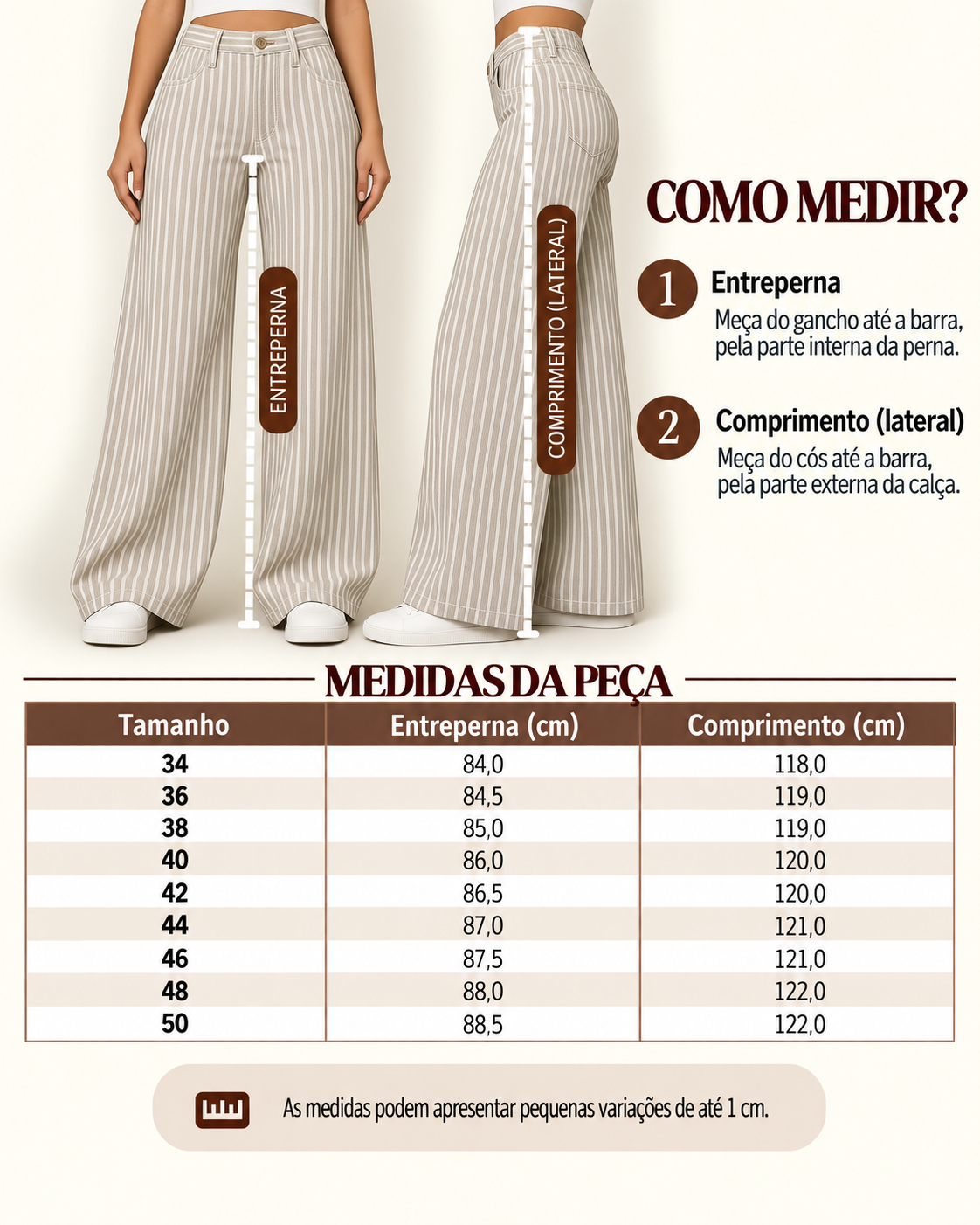 Guia de medidas da cal&ccedil;a wide leg listrada, com o comprimento por tamanho