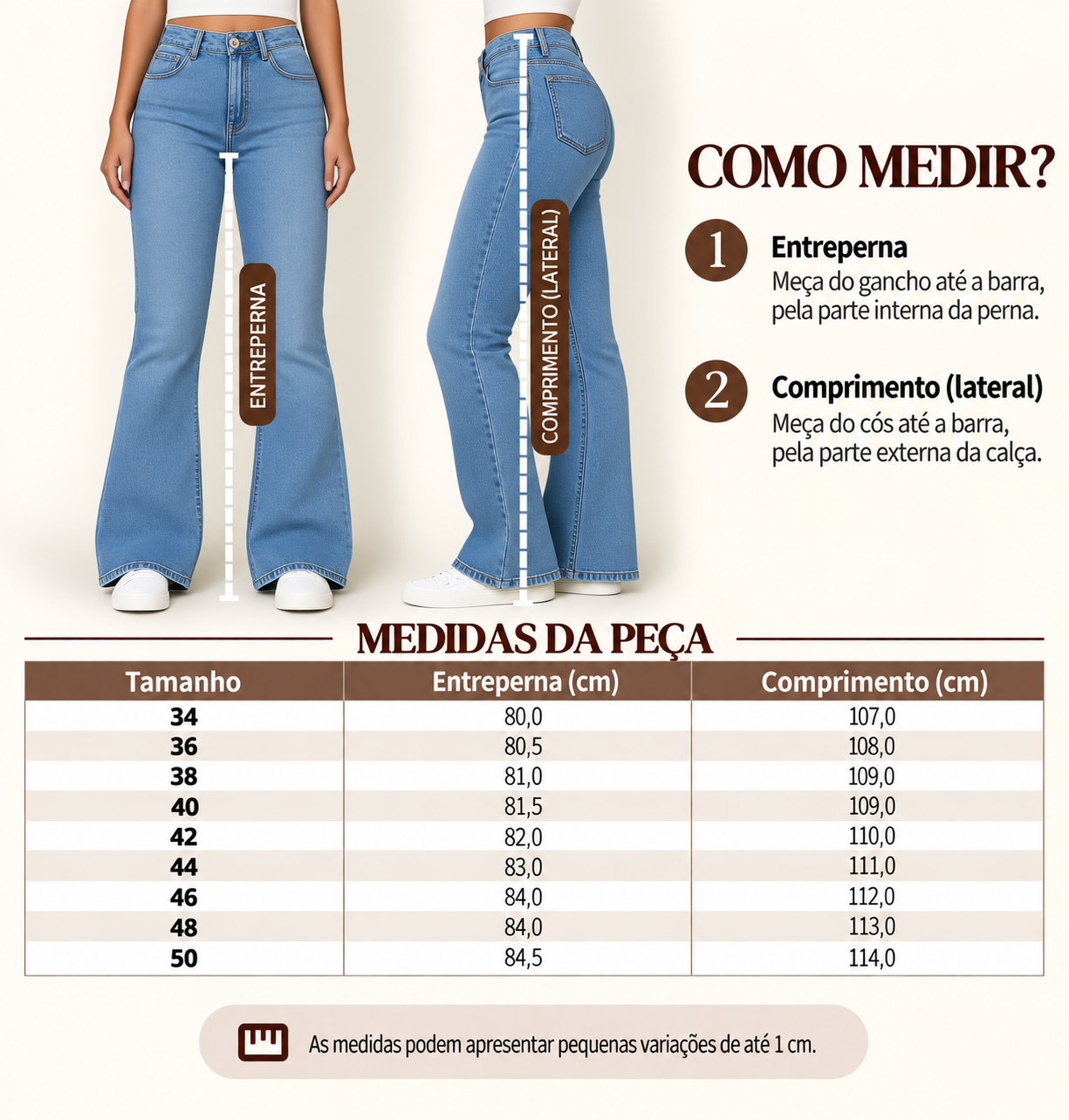Tabela de medidas da calça flare Duda, com o comprimento por tamanho