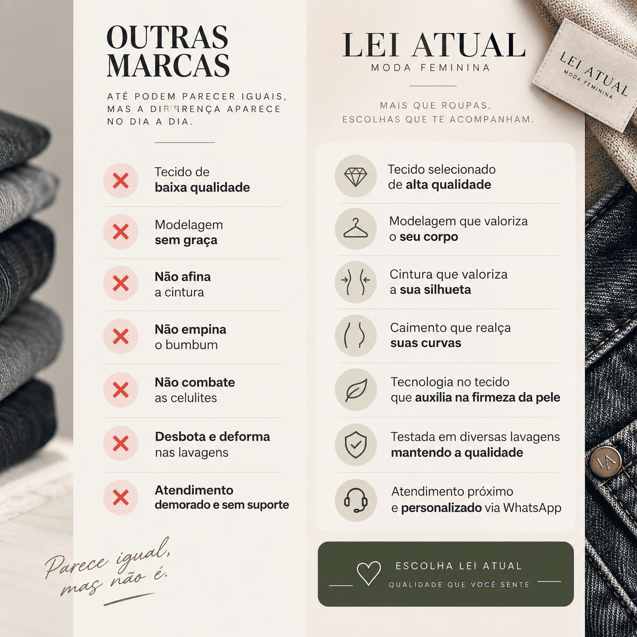 Comparativo entre outras marcas e a Lei Atual: tecido, modelagem, caimento, durabilidade nas lavagens e atendimento
