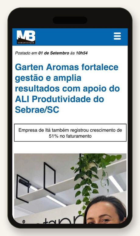 Print da matéria Garten Aromas fortalece gestão e amplia resultados, publicada pela MB Comunicação