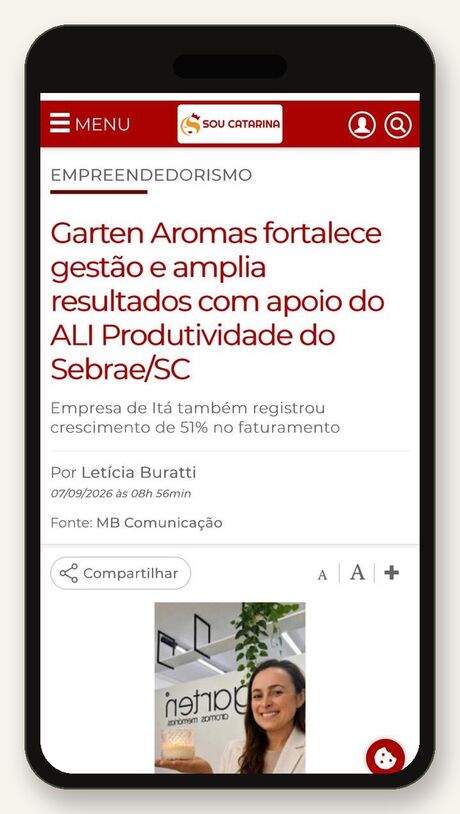 Print da matéria Garten Aromas fortalece gestão e amplia resultados, publicada pelo SouCatarina
