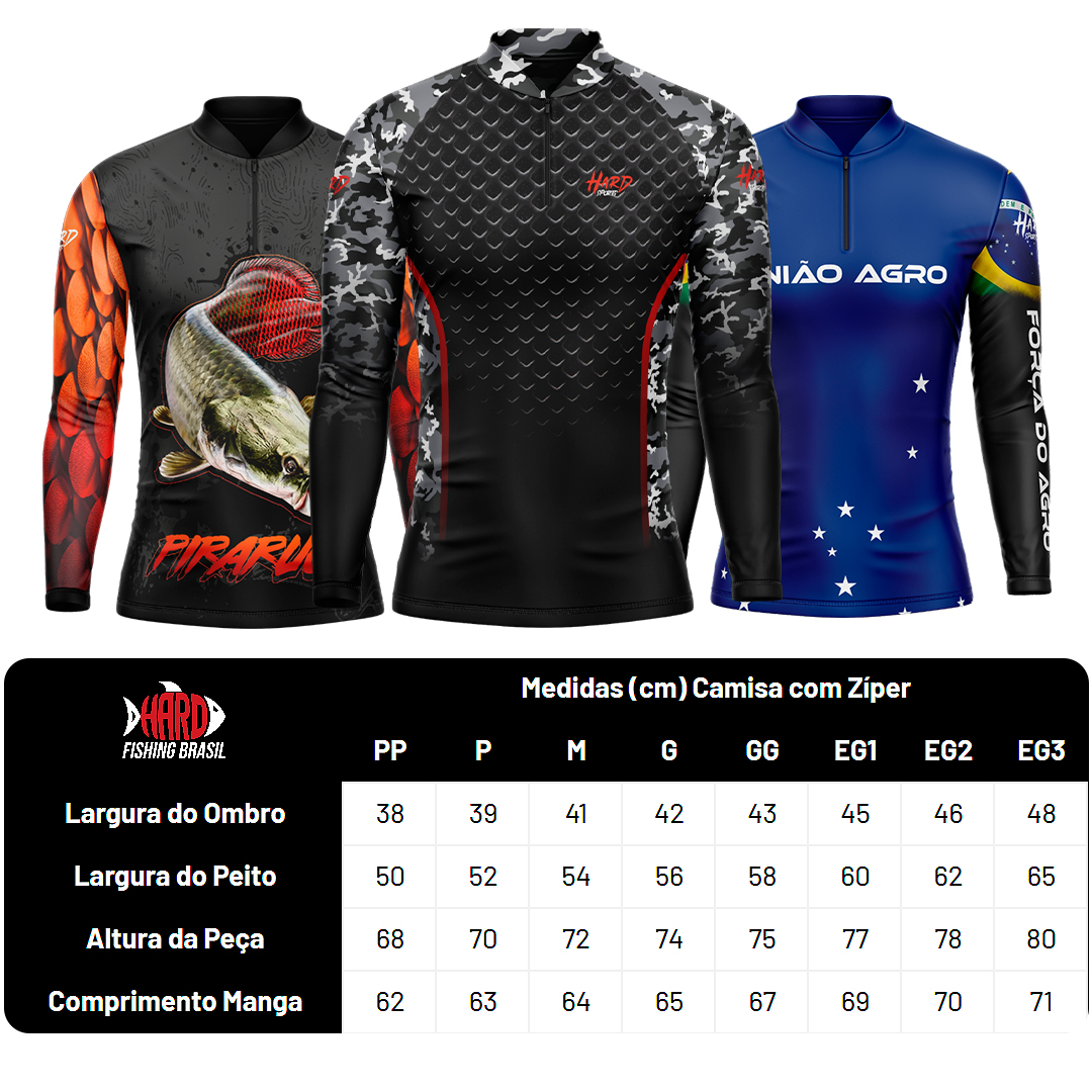Tabela de medidas da camisa UV com zíper Hard Fishing Brasil