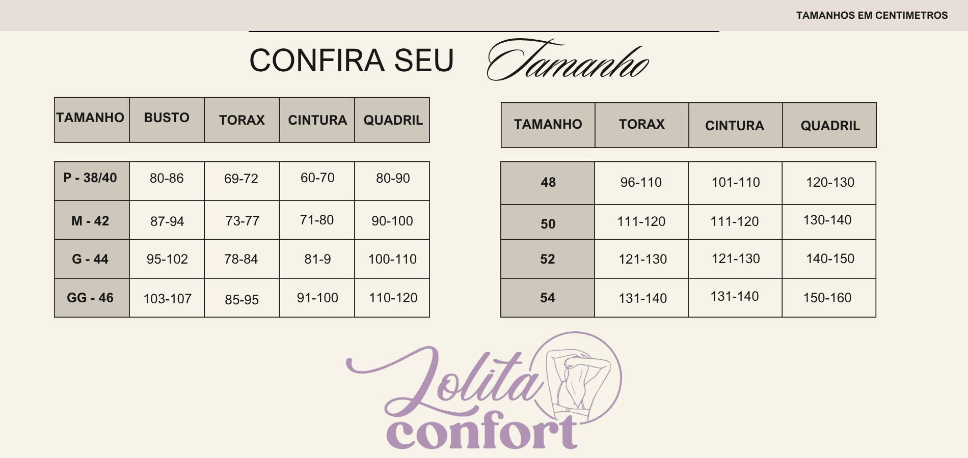 Tabela de Medidas - Lolita Confort