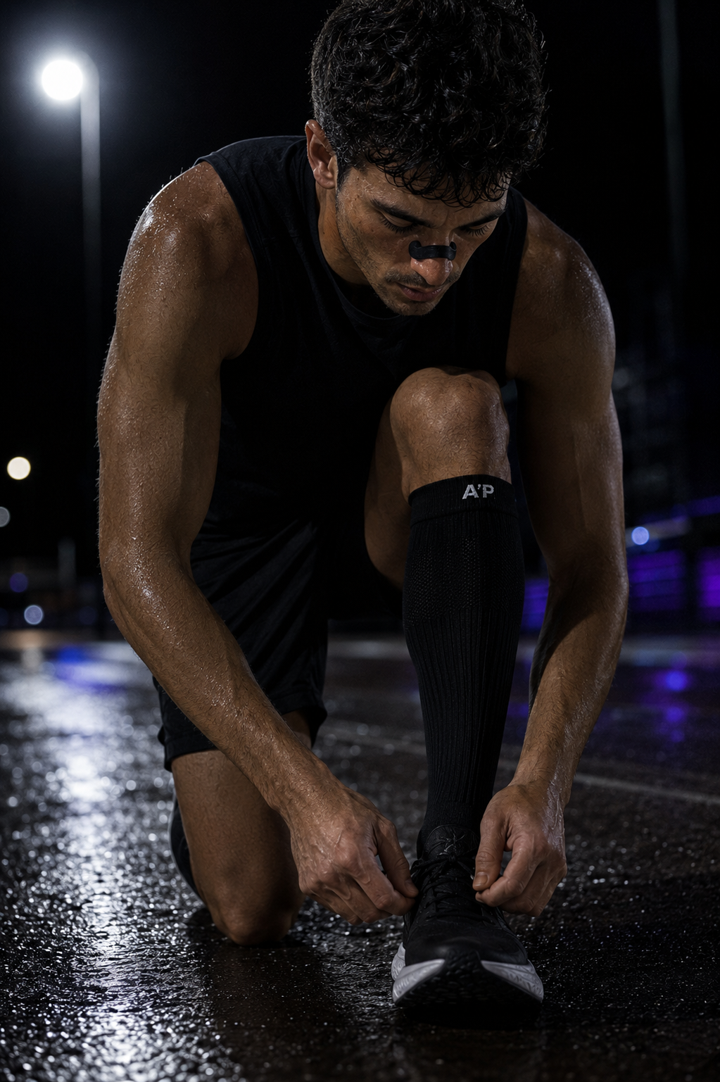 Atleta AirPlus atando sus zapatillas con medias de compresión