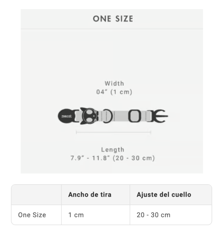 Guía de tallas de collares Zee.Cat para gato por largo de cuello y ancho de cinta
