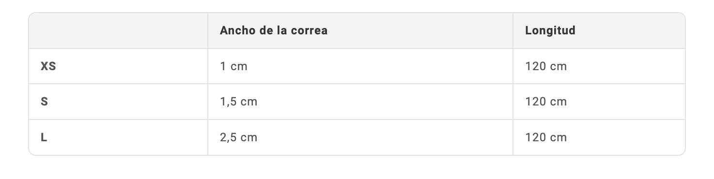 Guía de tallas de correas clásicas Zee.Dog por ancho y longitud
