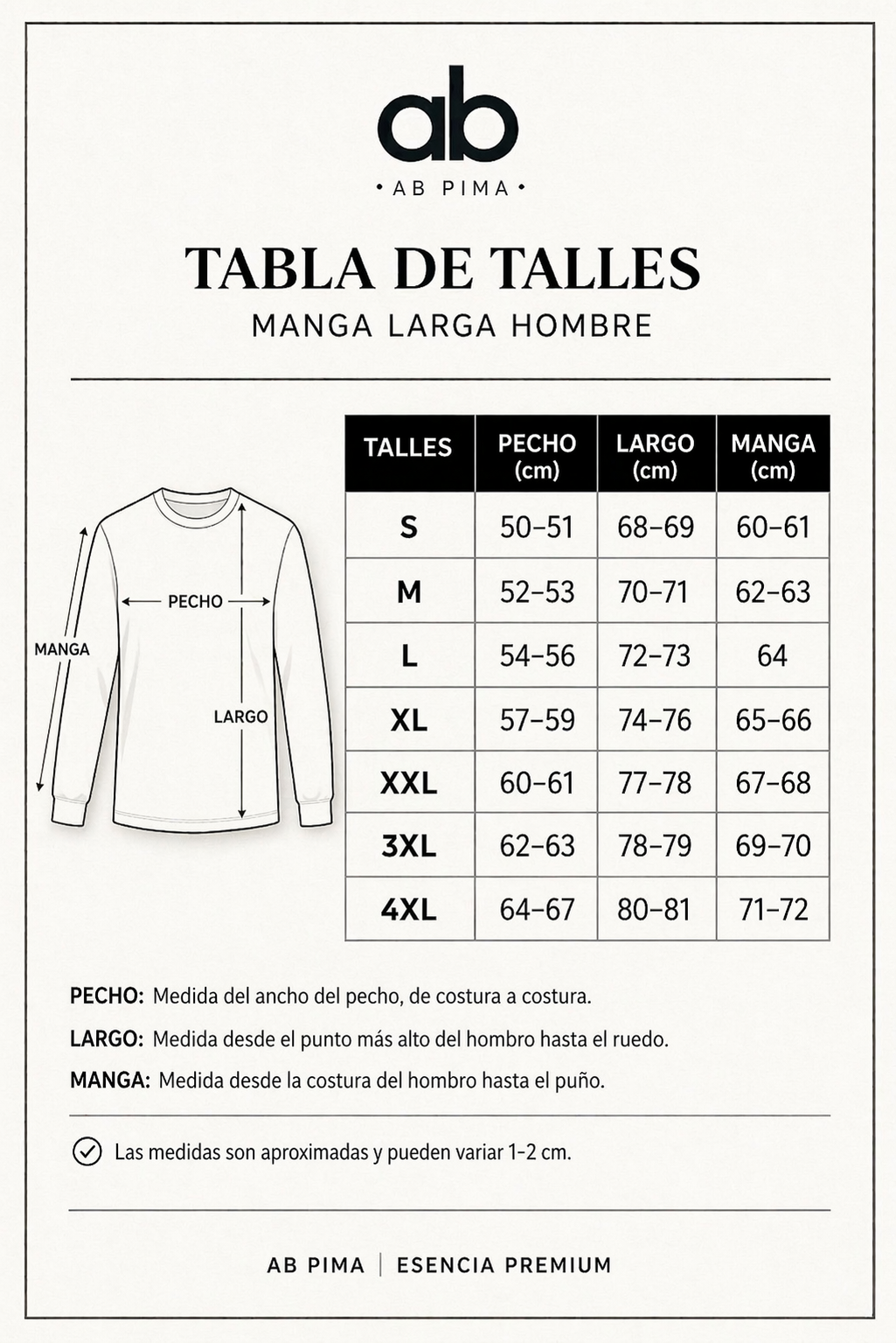 Tabla de talles manga larga hombre