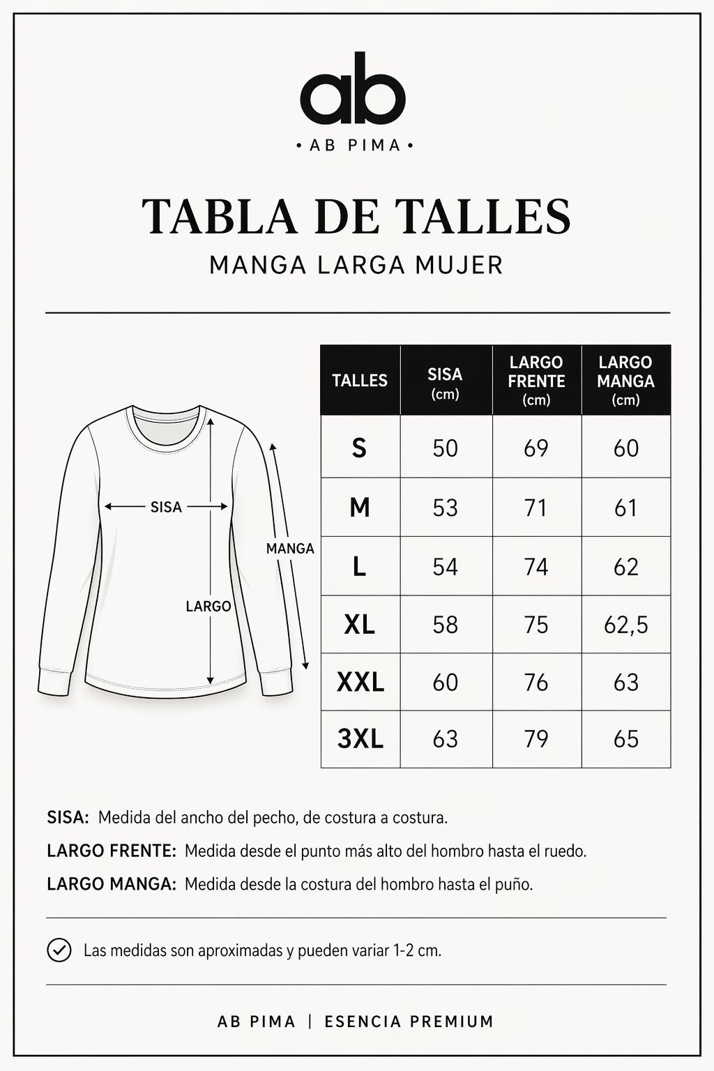 Tabla de talles manga larga mujer
