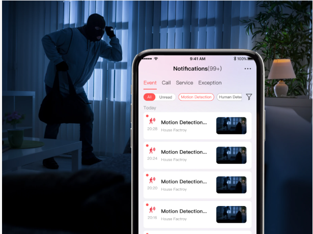 Captura de pantalla de la app Hik-Connect mostrando notificaciones y control del sistema AXPRO