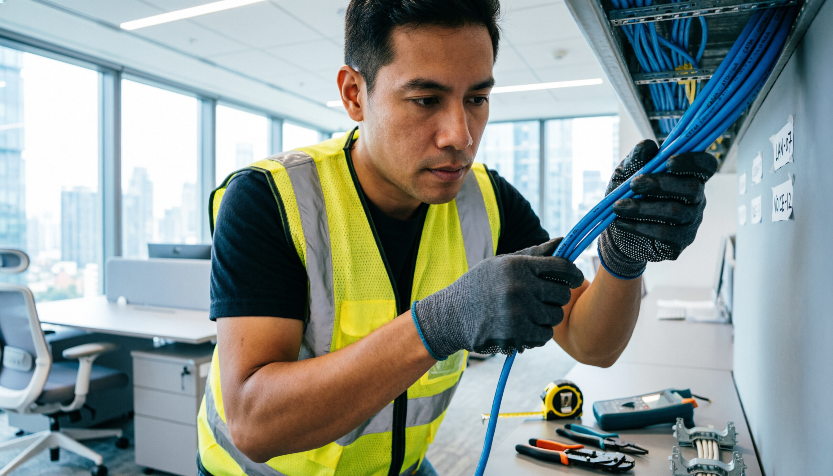 Técnico certificado instalando cableado estructurado profesional en Veracruz