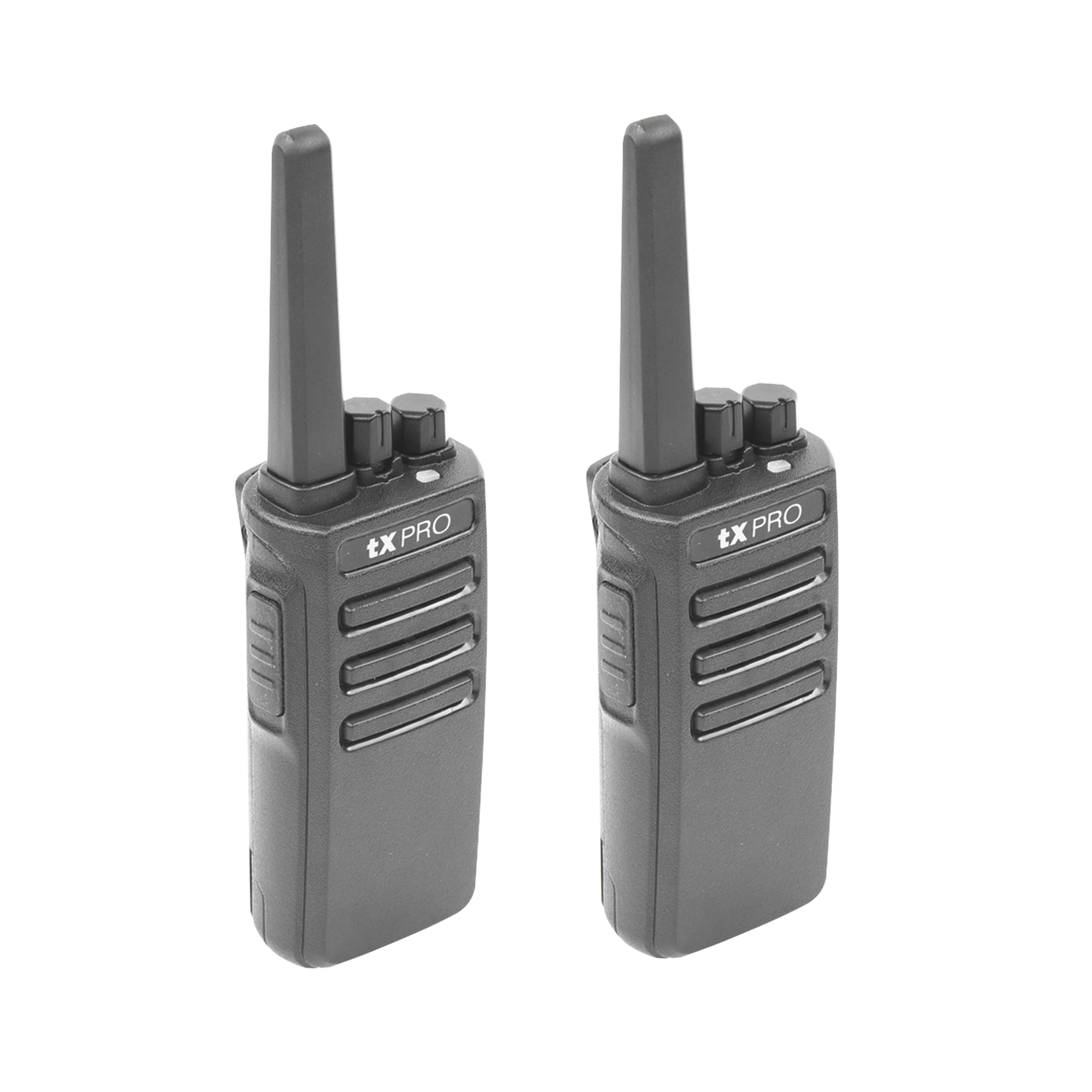 Kit de 2 radios port&aacute;tiles TXPRO TX600DUO mostrando dise&ntilde;o profesional y antenas