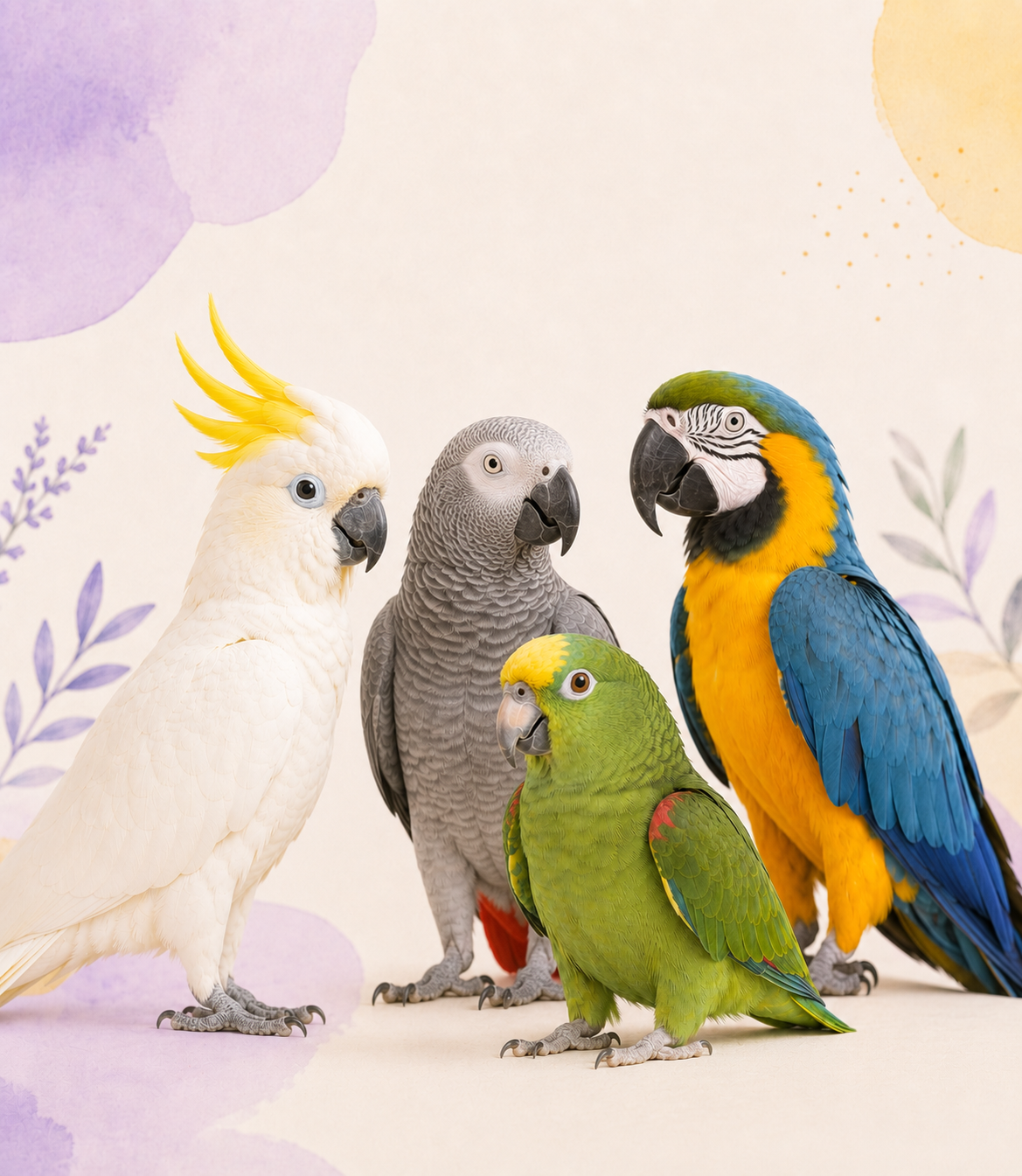 Cacatua, papagaio-do-congo, papagaio e arara representando aves grandes