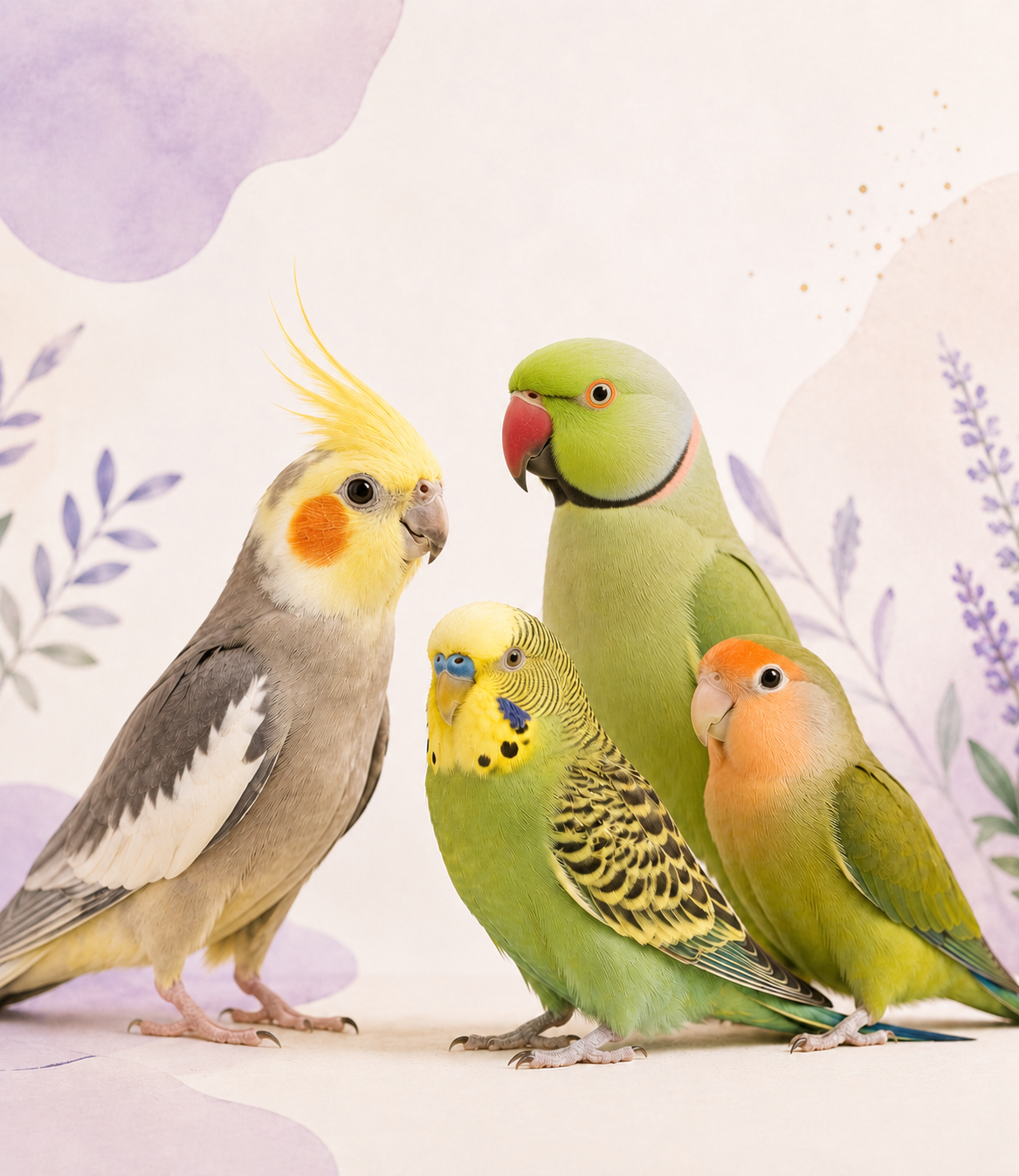 Calopsita, periquito, agapornis e ring neck representando aves pequenas e médias