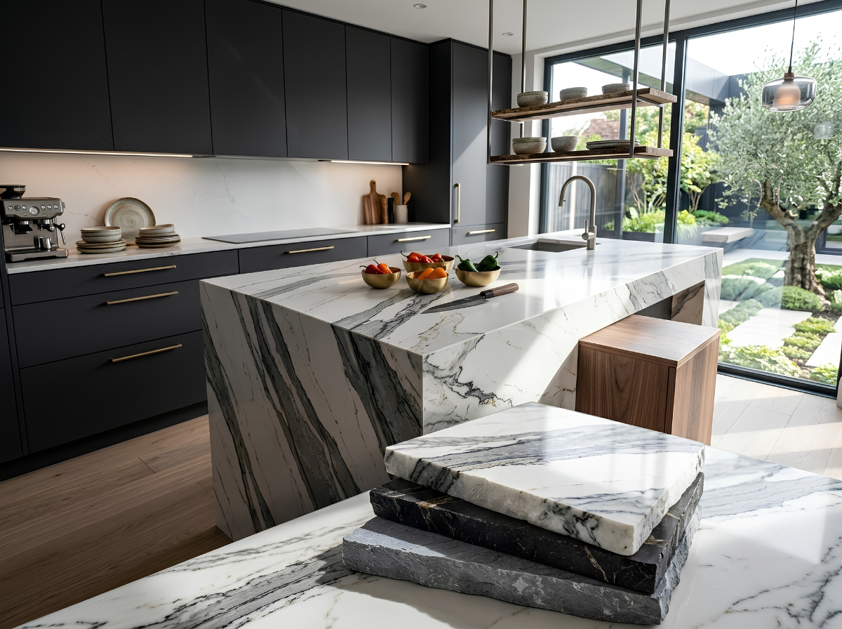 cuarzo premiun en cocina negra luxury, con manijas doradas, e isla con cascada