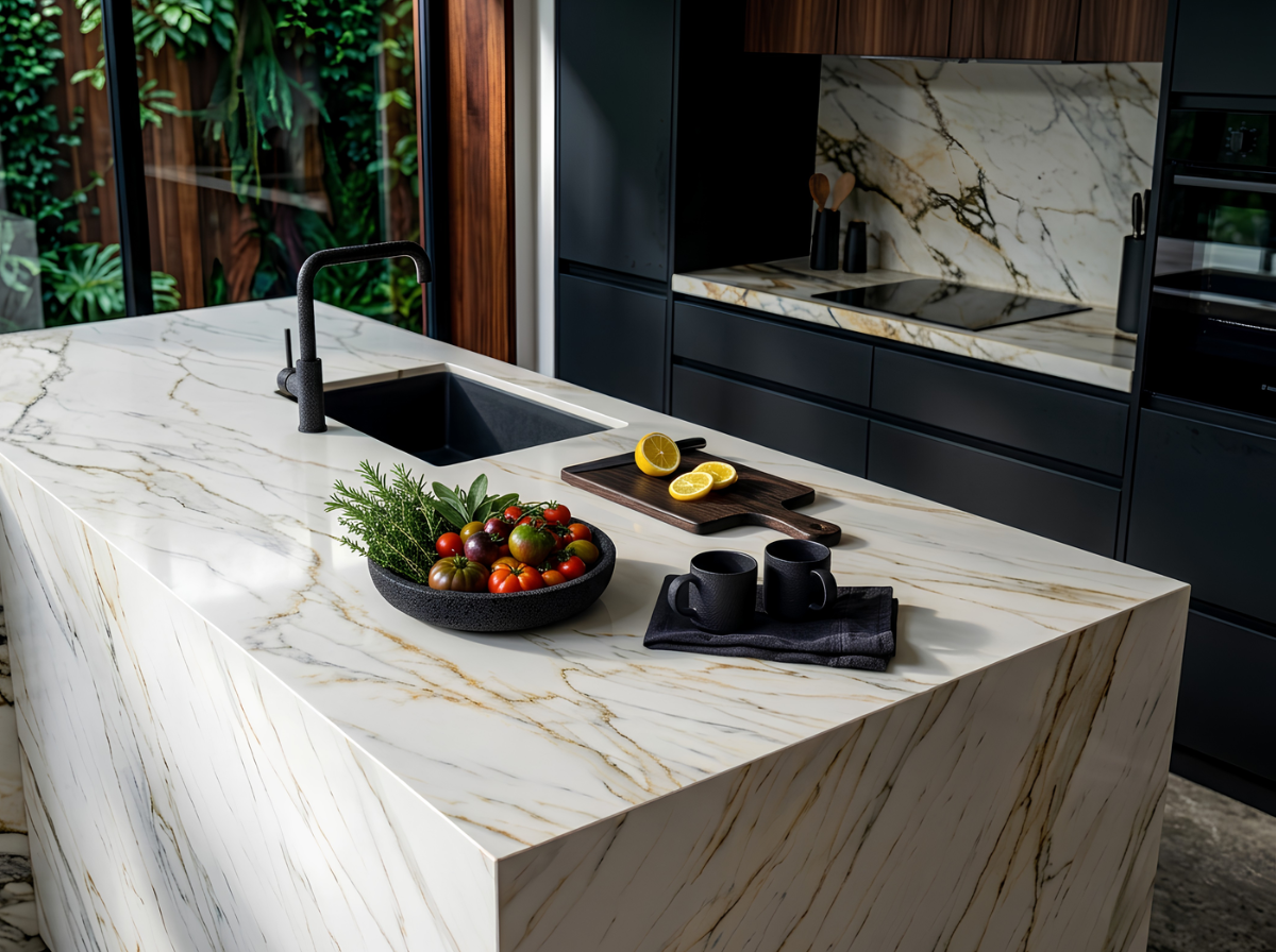cocina negro con caramelo luxury, isla con cascada y espaldar en piedra, torre de hornos, ventanal con naturaleza