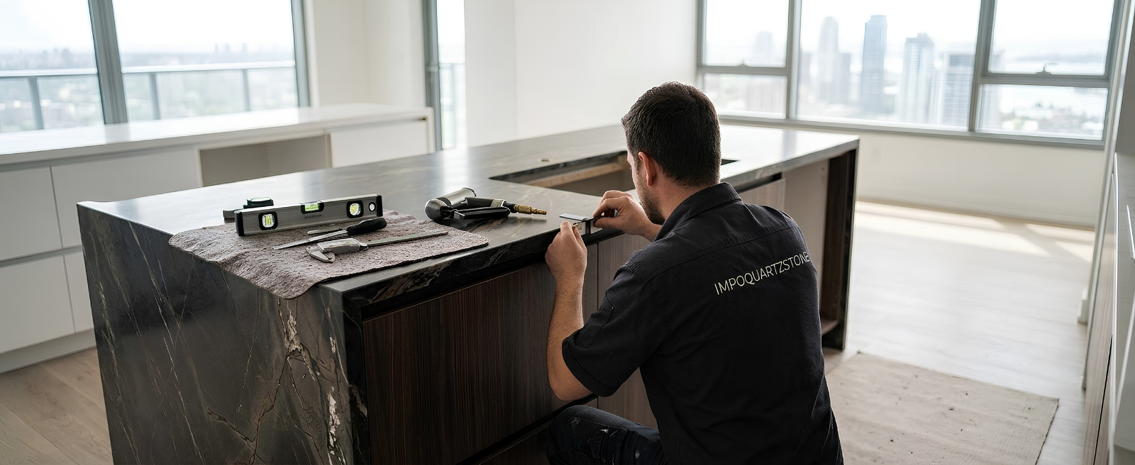 Técnico experto instalando una encimera de cocina en piedra sinterizada oscura de Impoquartzstone, utilizando herramientas de precisión y nivelación en un diseño de interiores moderno.