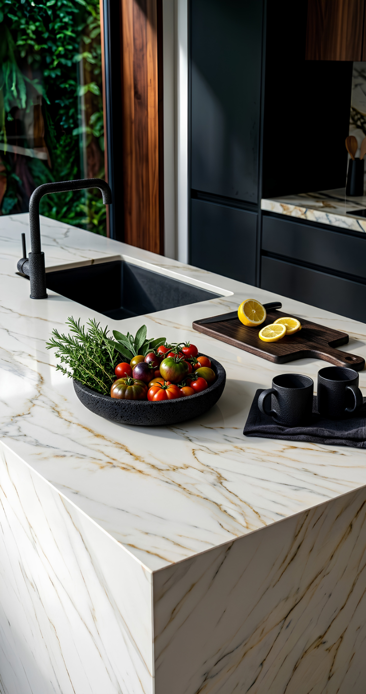 meson calacatta gold y luxury, muebleria de lujo negro y caramelo, pozuelo negro, griferia estilo  7 isla con cascada y espaldar