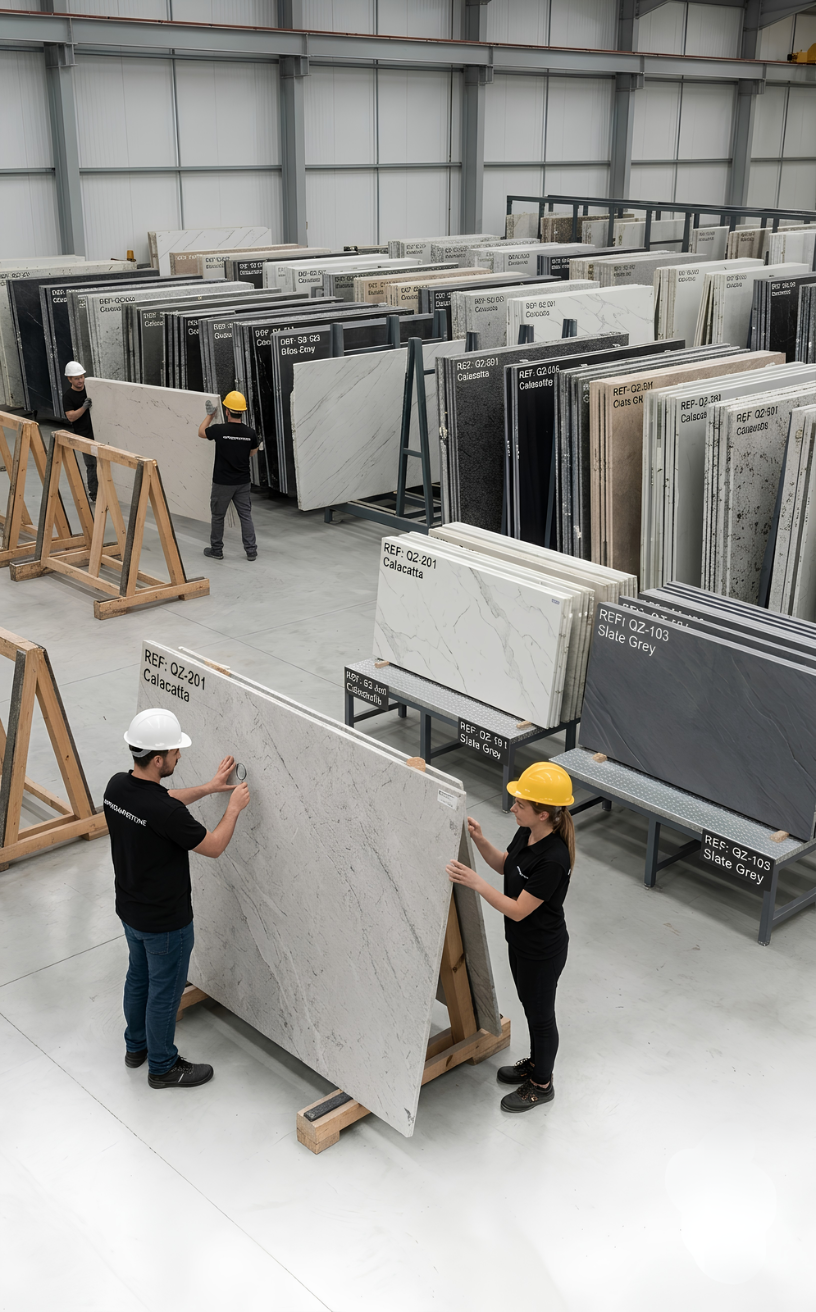 Operarios con cascos de seguridad e indumentaria de Impoquartzstone realizando la selección manual e inspección de calidad de planchas de piedra sinterizada Calacatta y cuarzo organizadas en un gran almacén.