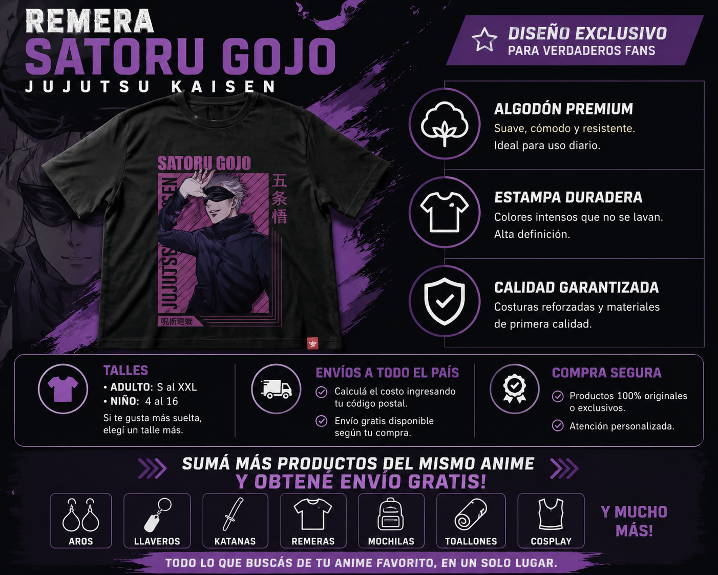 Remera Satoru Gojo de Jujutsu Kaisen en algod&oacute;n premium. Dise&ntilde;o exclusivo, c&oacute;moda y perfecta para uso diario.