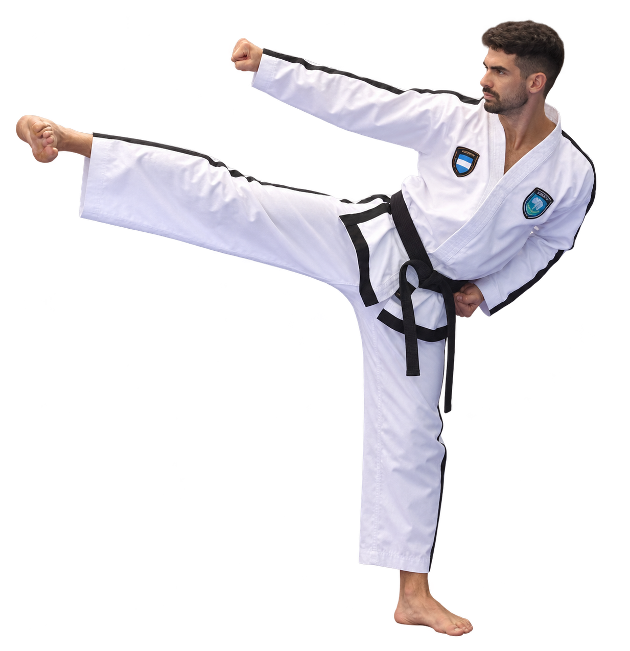 Tomás Maimone realizando una patada de taekwondo