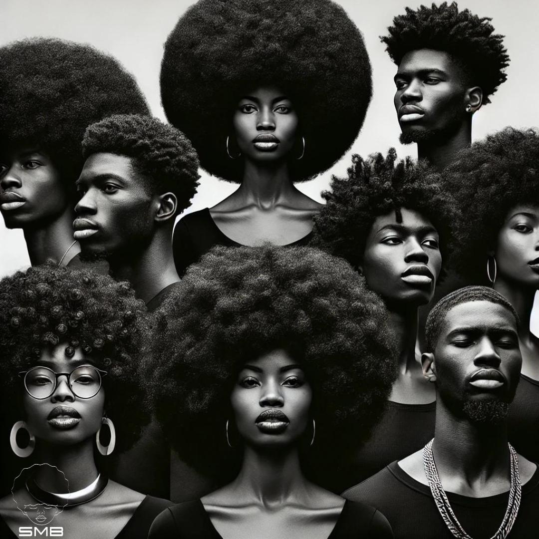 Grupo de pessoas negras com cabelos black power e expressão de orgulho, representando o movimento da Sou’ll Mais Black