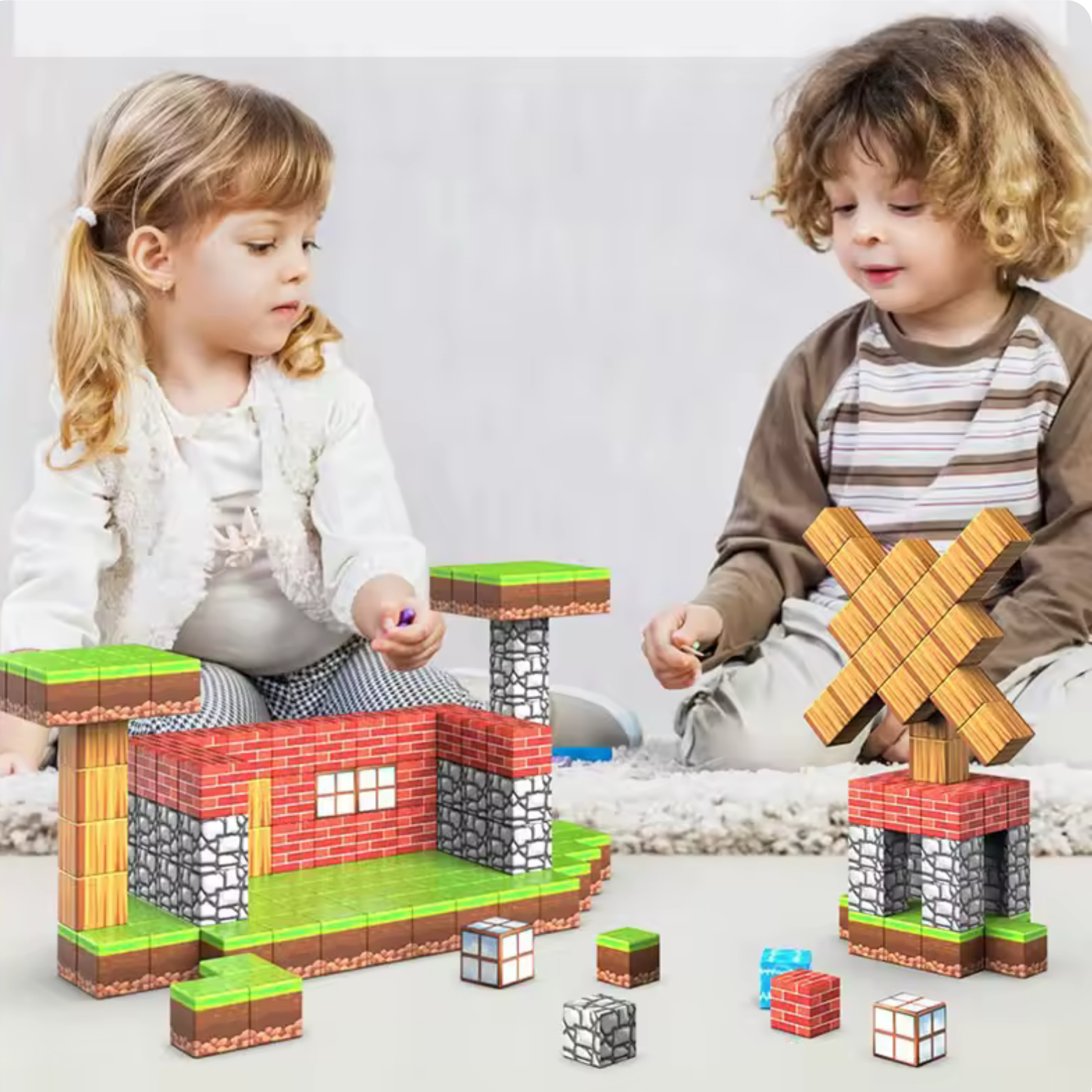 Niños jugando con bloques magnéticos