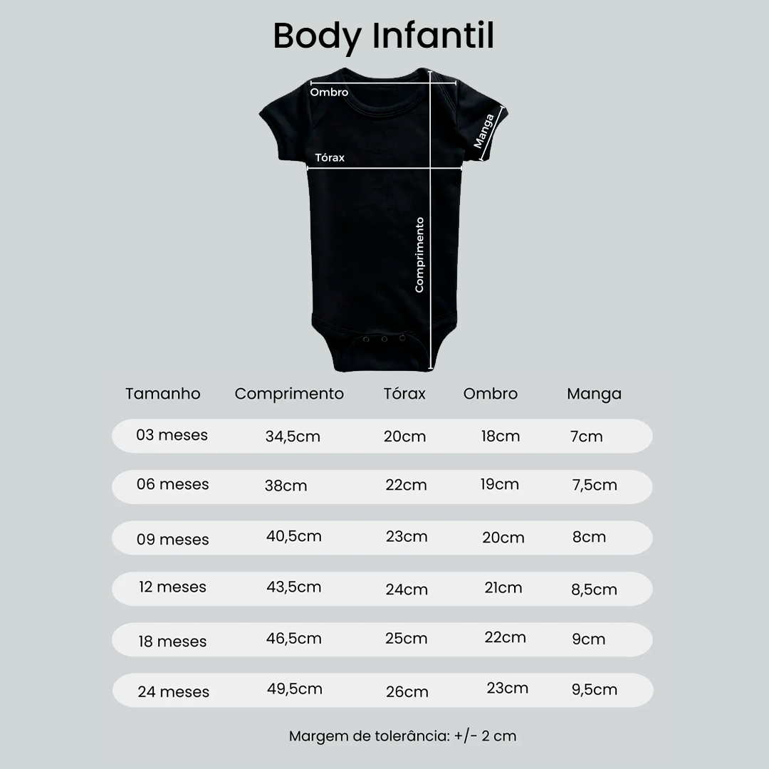 Tamanhos do body infantil.