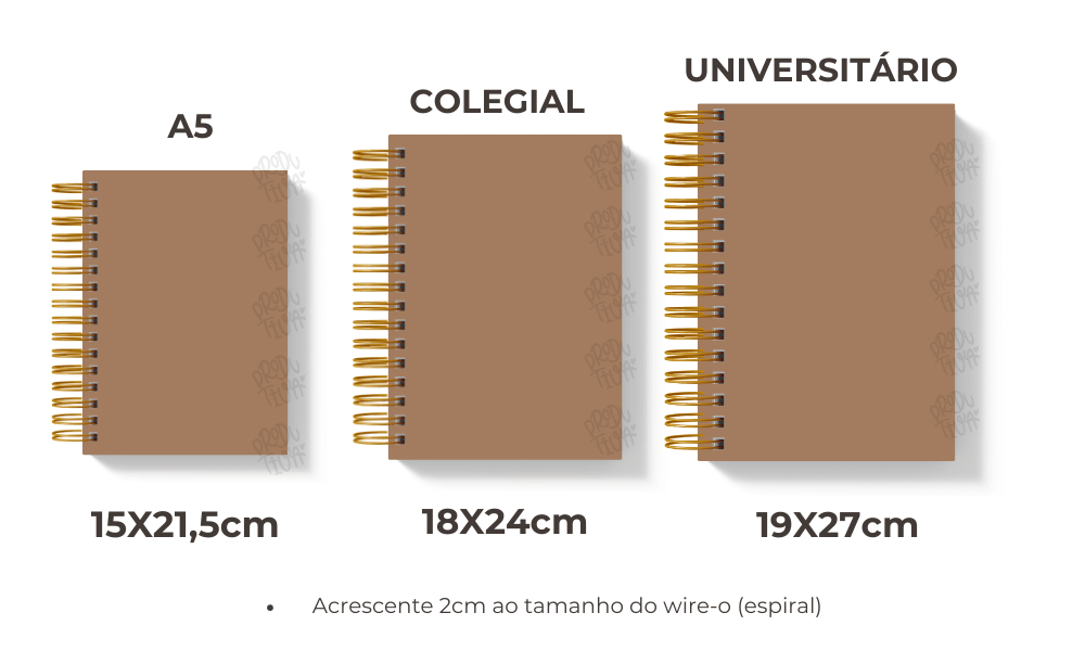 Comparativo de tamanhos A5, Colegial e Universitário