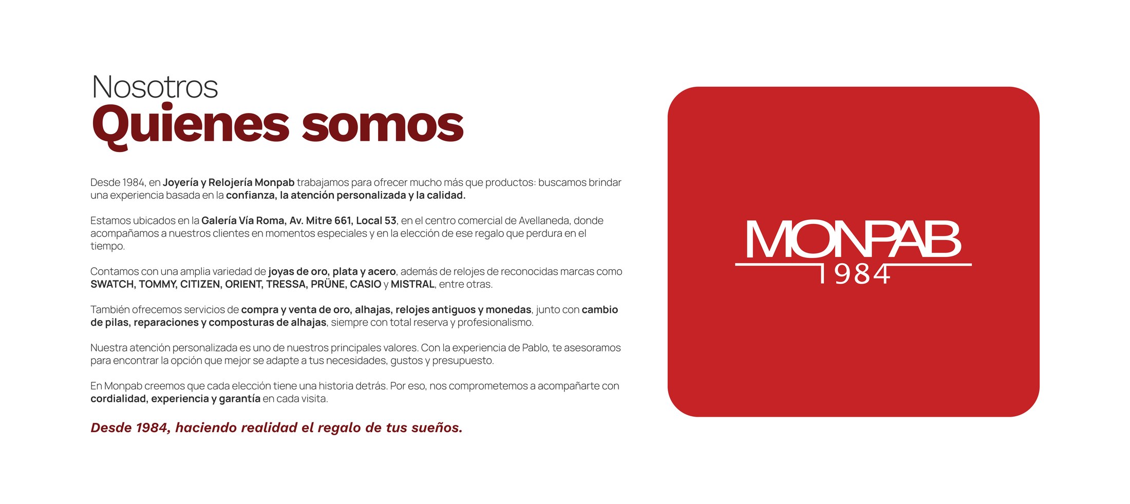 Nosotros - Quienes somos - Joyeria y Relojeria Monpab, Avellaneda, desde 1984