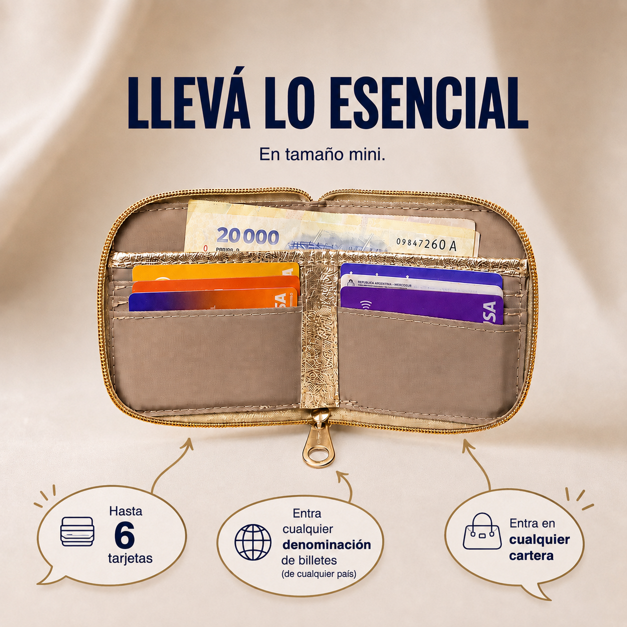Interior de la Minibilletera Gloria Celeste con seis tarjetas y billetes