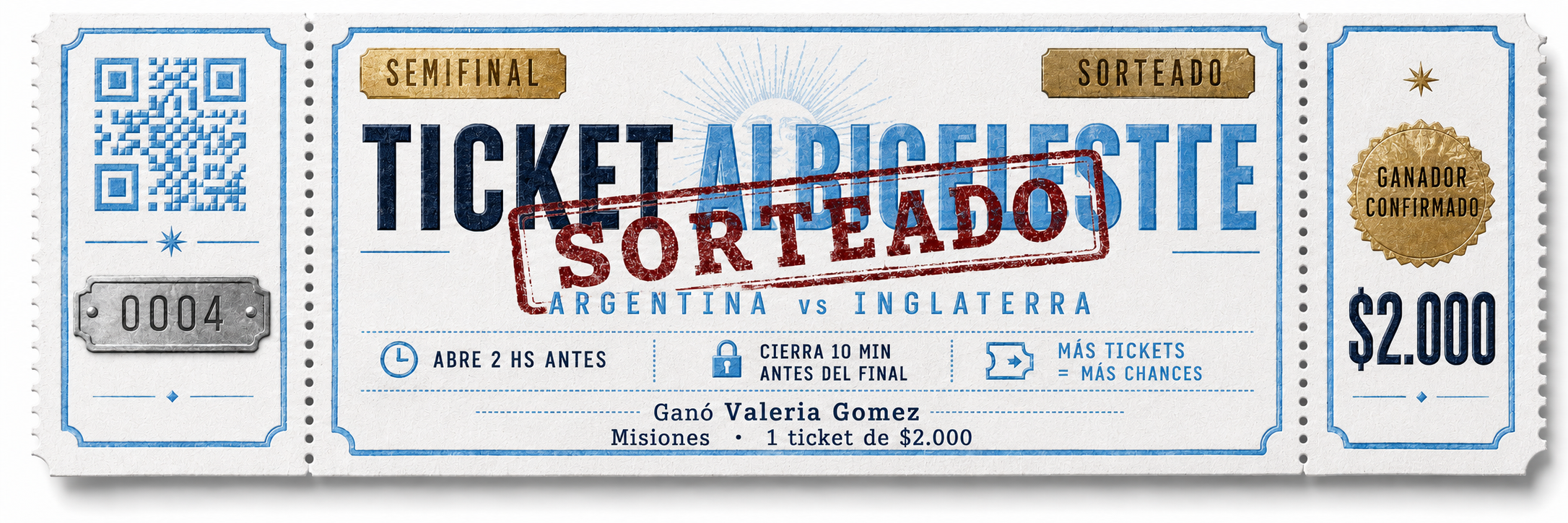 Ticket Albiceleste Argentina vs Inglaterra sorteado