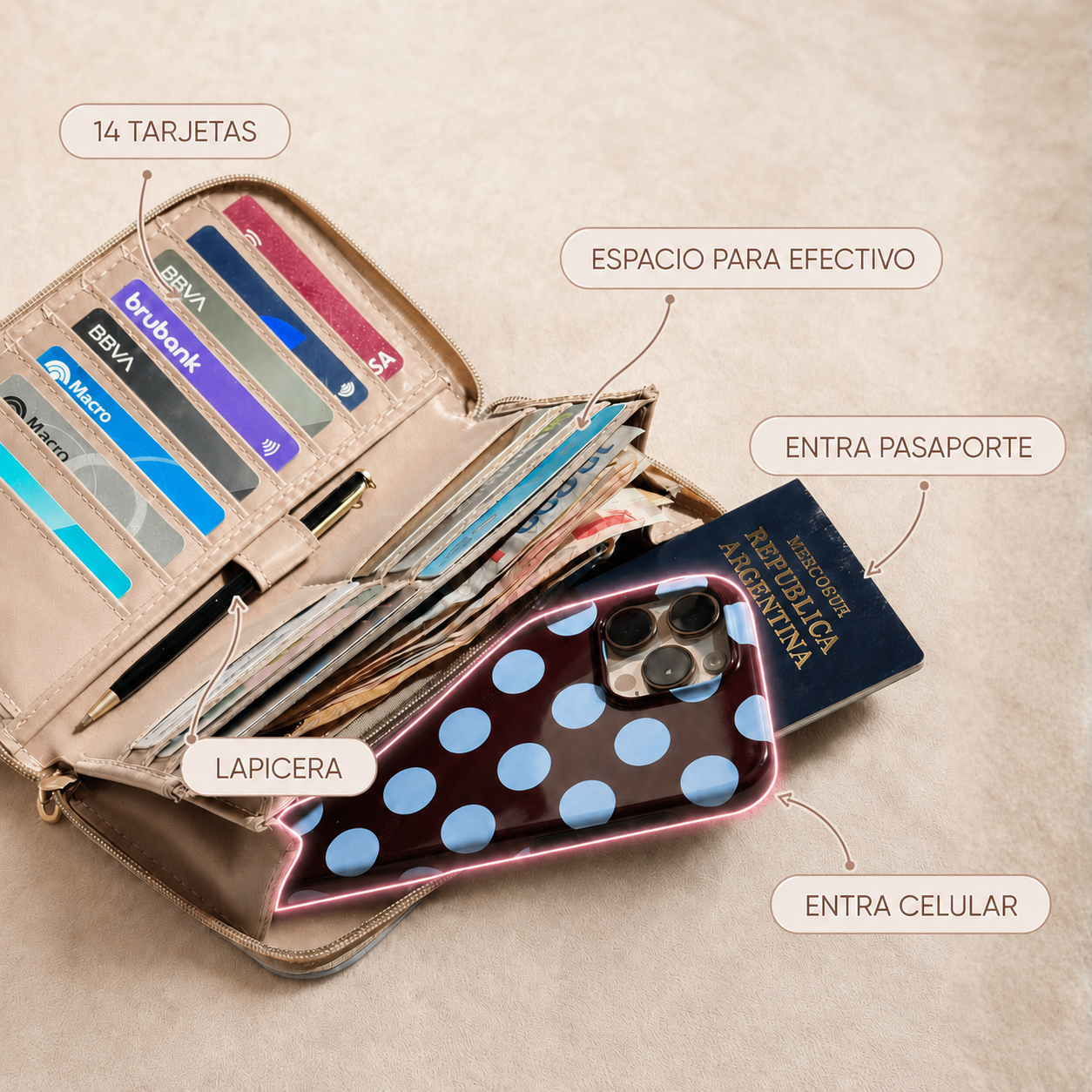 Interior de megabilletera con espacio para tarjetas, efectivo, pasaporte, lapicera y celular