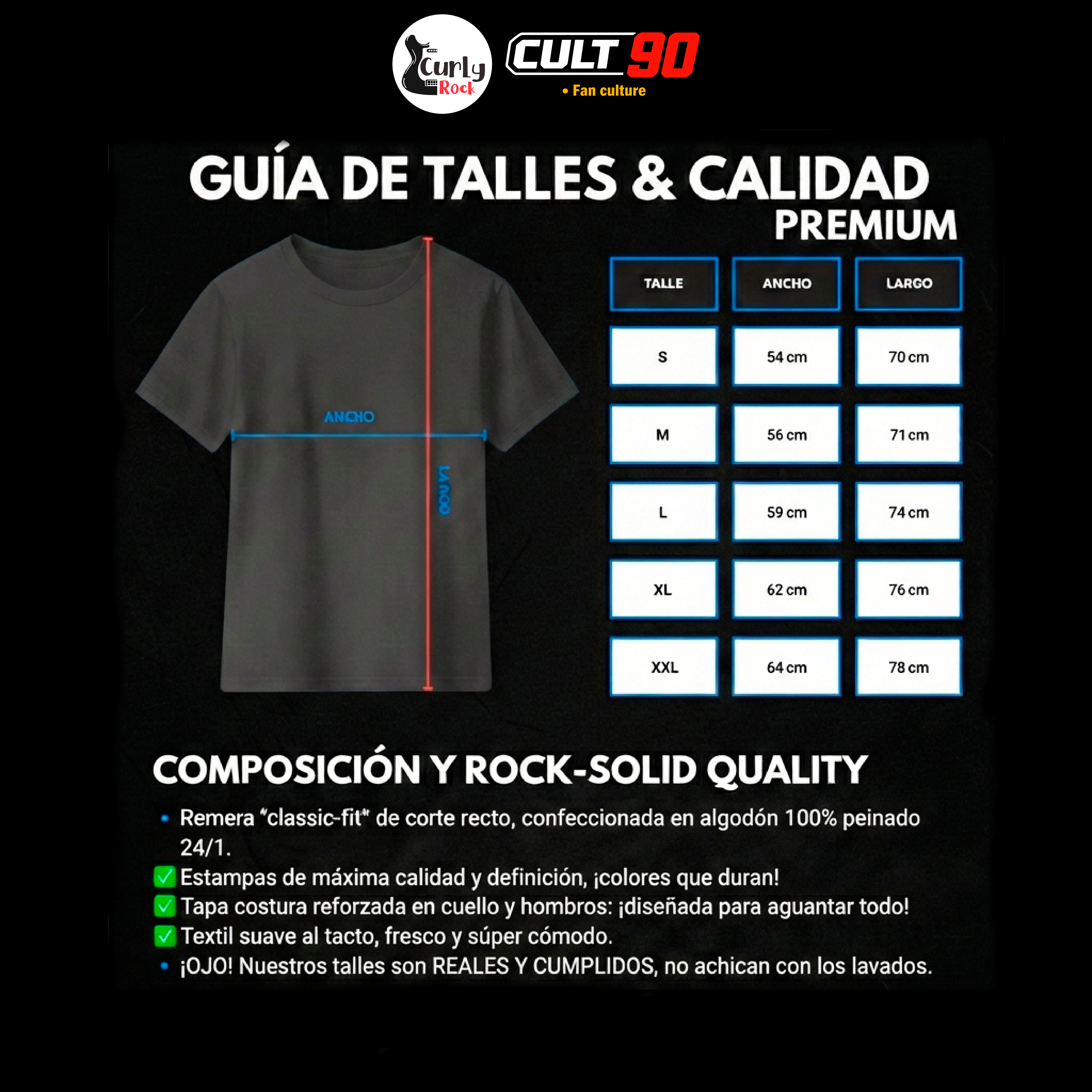 Guía de talles y medidas para remeras CurlyRock. Tabla de talles del S al XXL, con instrucciones para medir ancho y largo. Detalles de calidad premium en algodón 100% peinado 24/1 y estampas duraderas.
