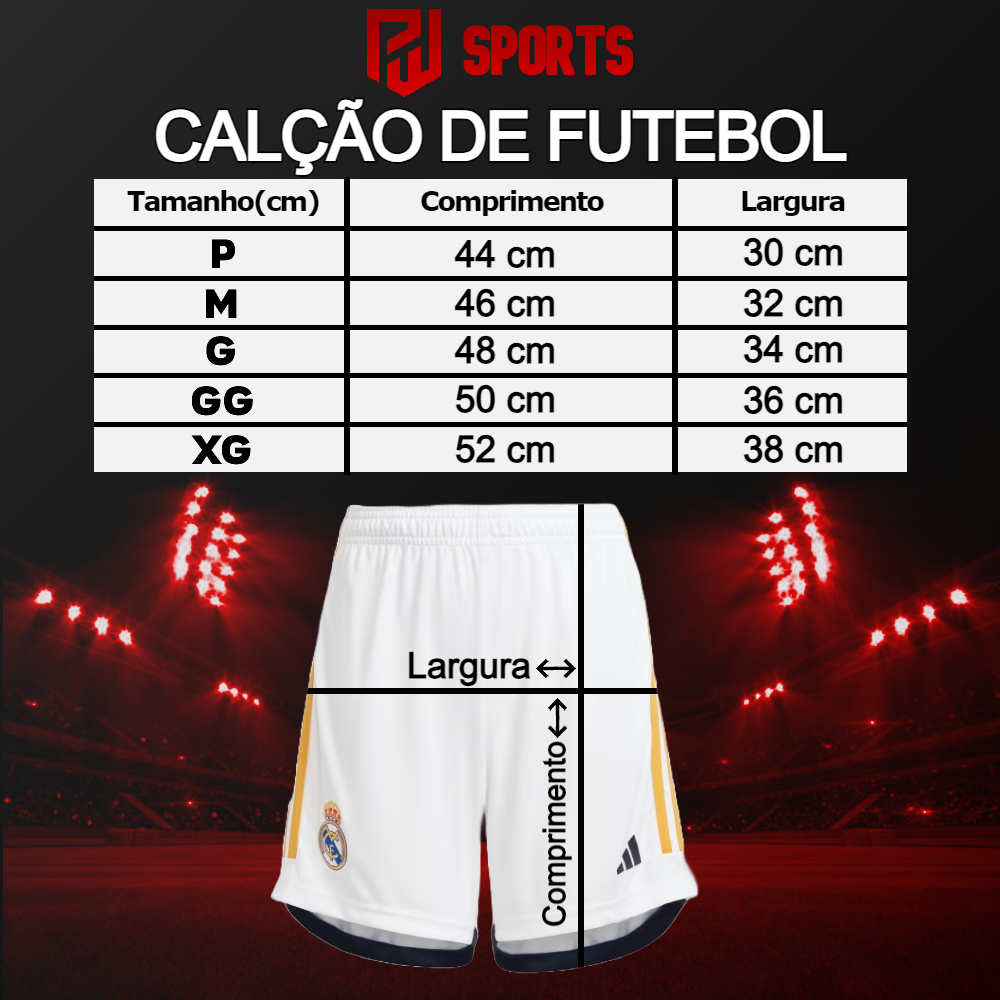 tabela de medidas shorts de futebol