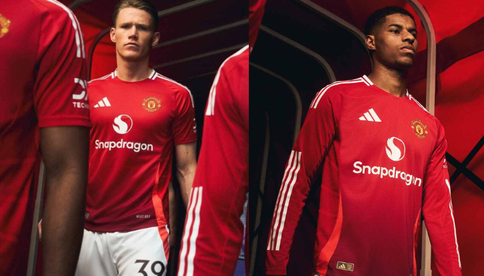 Camisa titular Manchester United Adidas 2024/25 versão jogador vermelha com detalhes brancos
