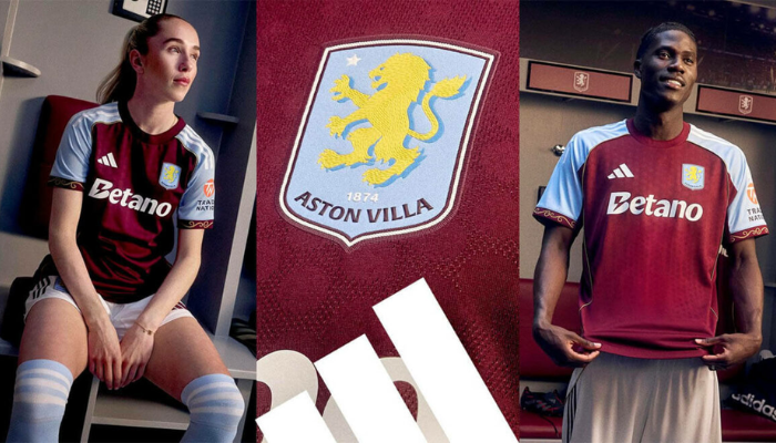 Camisa titular Aston Villa adidas 2025/26 bordô com mangas azul-claro e detalhes dourados inspirados no Holte End
