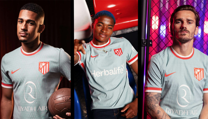 Camisa reserva do Atlético de Madrid Nike 2024/25 azul oceano com detalhes em vermelho e branco, inspirada na fonte de Netuno.