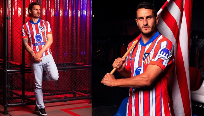 Camisa titular do Atlético de Madrid Nike 2024/25 vermelha com listras brancas e detalhes em azul, inspirada em 1995/96.