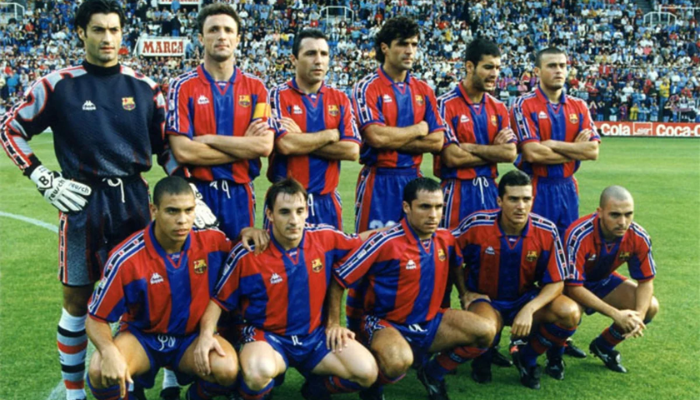 Camisa Barcelona retro Kappa 1996/97 titular usada por Ronaldo em temporada histórica.