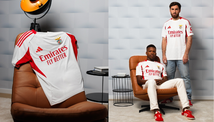 Terceira Camisa Benfica 2025/26 Adidas branca, detalhes encarnados, padrão gráfico de rede de gol, gola redonda, três listras nos ombros