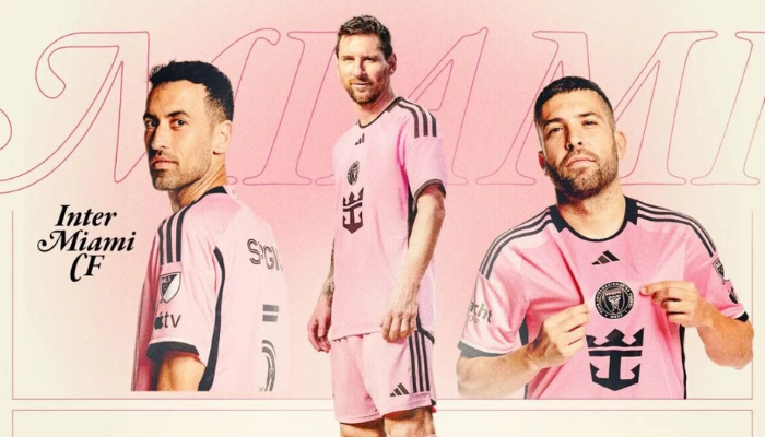 Camisa titular Inter Miami Adidas 2024/25 rosa Easy Pink com detalhes em preto e escudo centralizado.