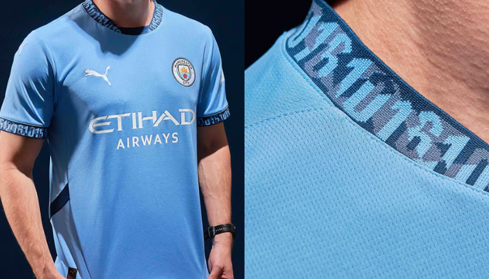 Camisa titular Manchester City 2024/25 Puma azul celeste versão torcedor com detalhes em azul marinho e código 0161