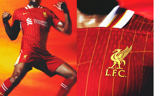 Camisa titular Liverpool Nike 2024/25 versão torcedor vermelha com detalhes amarelos