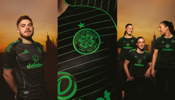 Camisa reserva Celtic FC adidas 2025/26 preta com detalhes em verde neon