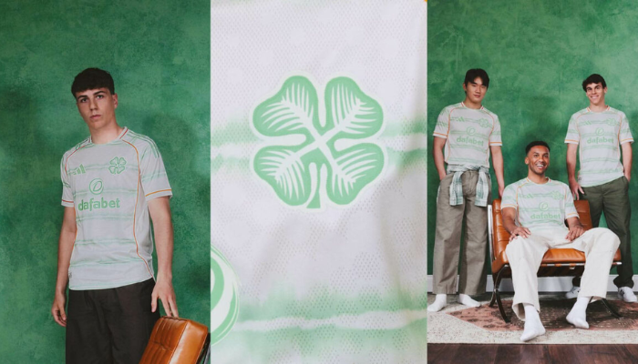 Terceira camisa do Celtic FC Adidas 2025/26 off white com detalhes em verde-claro e laranja.