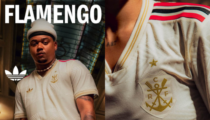 Terceira camisa Flamengo Adidas 2023/24 versão torcedor off-white com detalhes dourados e escudo do remo.